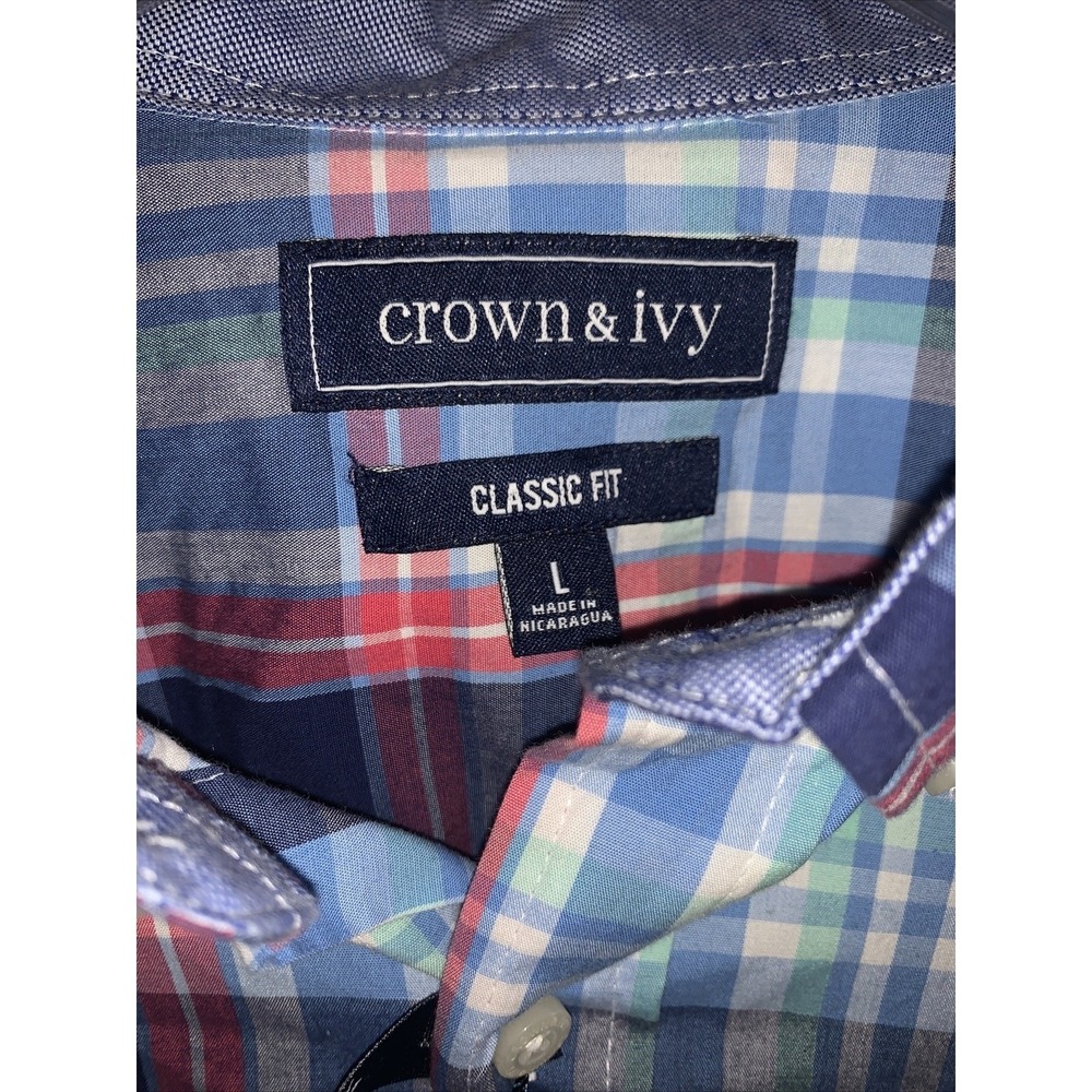 NWT. Crown & Ivy Button Down Plaid Shirt Classic Fit Men Large Blue Plaid - Picture 2 of 4